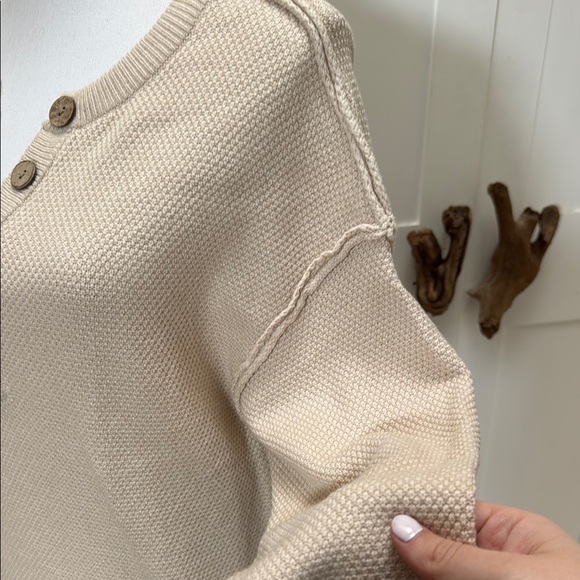 Merokeety Womens Beige Knit Sweater Dress Henley Button Belted Midi Small - Picture 4 of 10